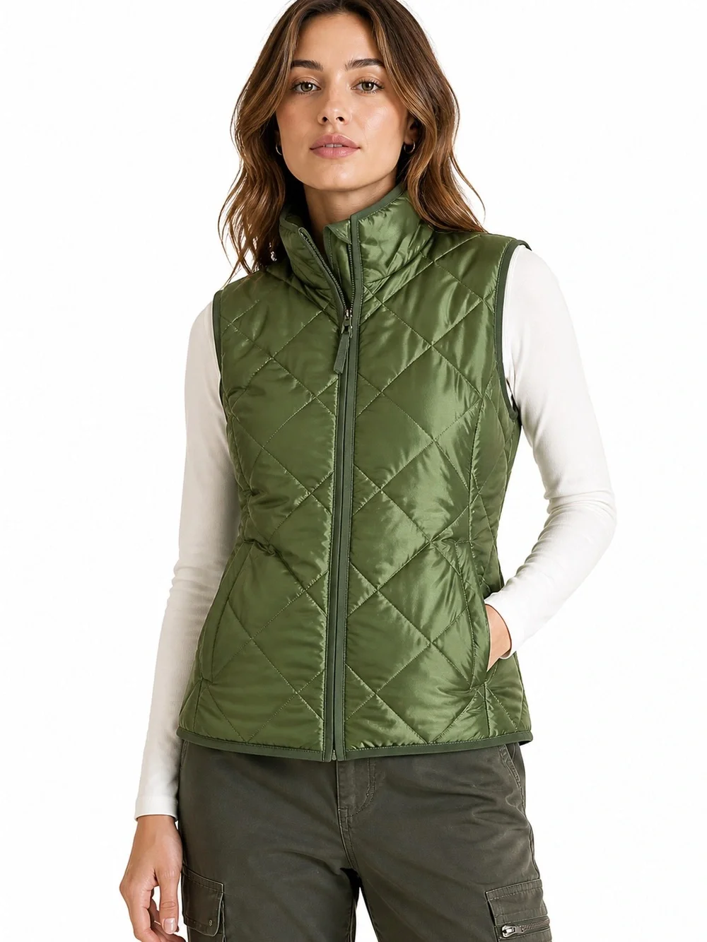 Jane Ashley Metallic Olive Quilted Puffer Vest Large NWT‎ Gorpcore